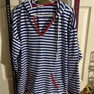 Crown‎ & Ivy Blue and White Striped Top with Red Trim